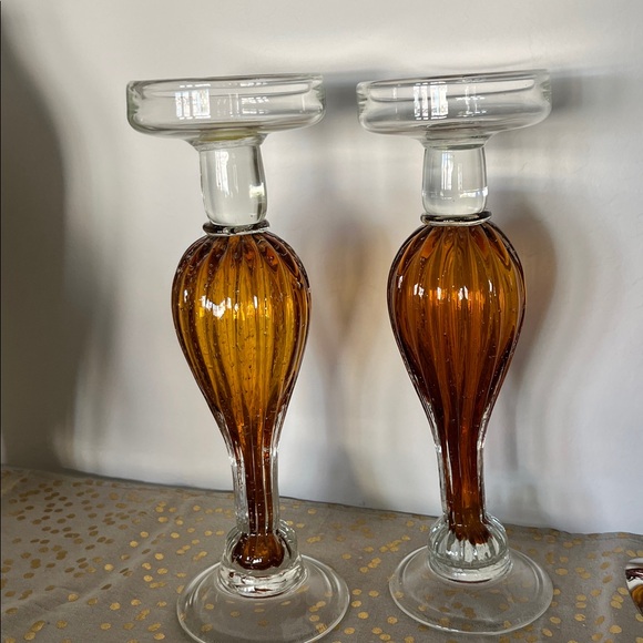 Pier 1 Italian Amber Glass Candle Holders Set of Two - EUC